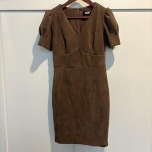 DKNY Dress Womens 6 Brown Faux Suede Puff Sleeve‎ V Neck Fitted Mini Cocktail